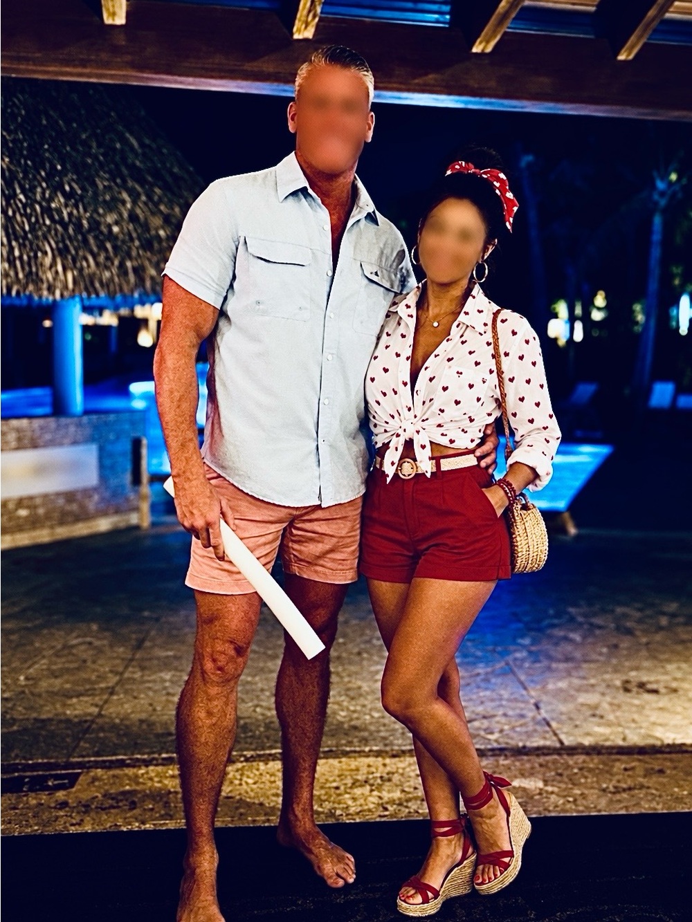 Beach lunch lounge - White Button-Up Blouse with Red Heart Print